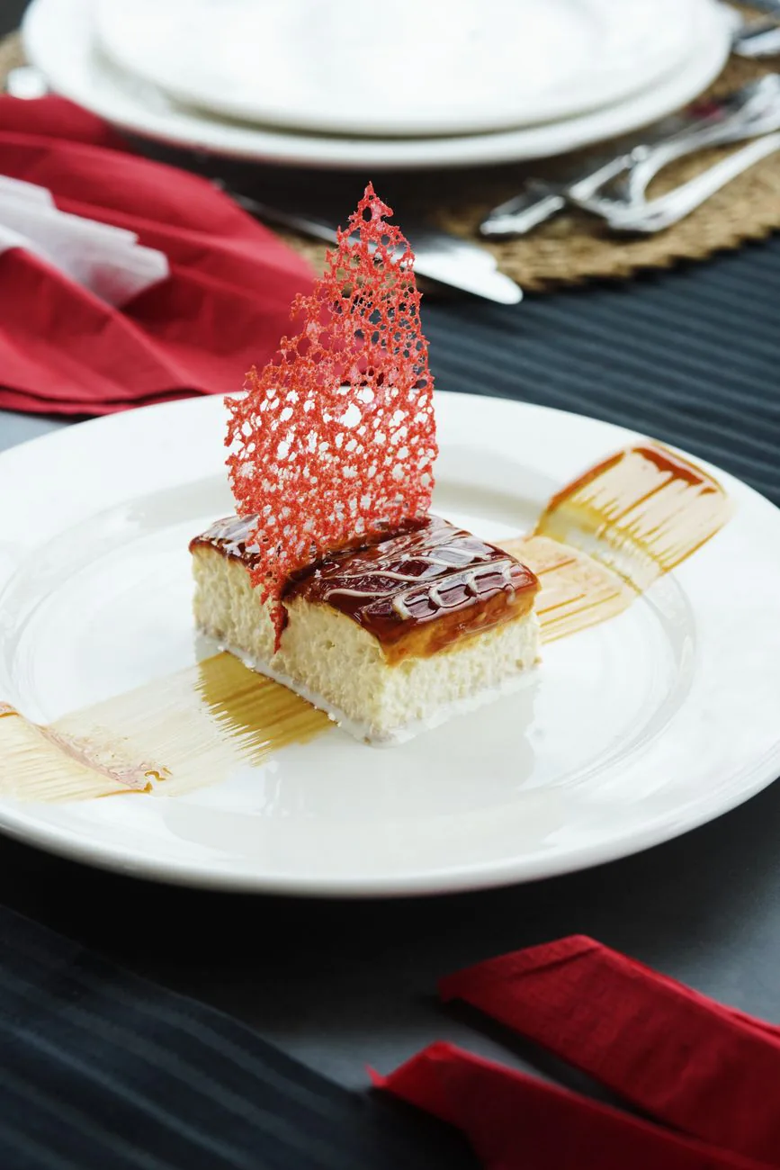 Dessert plated with caramel sauce and delicate garnish